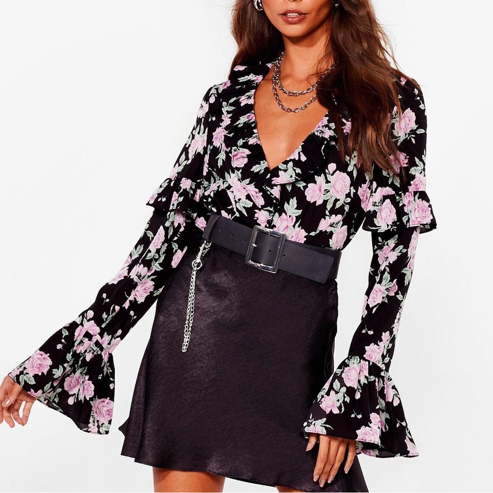 Nasty Gal Floral V Neck Ruffle Blouse